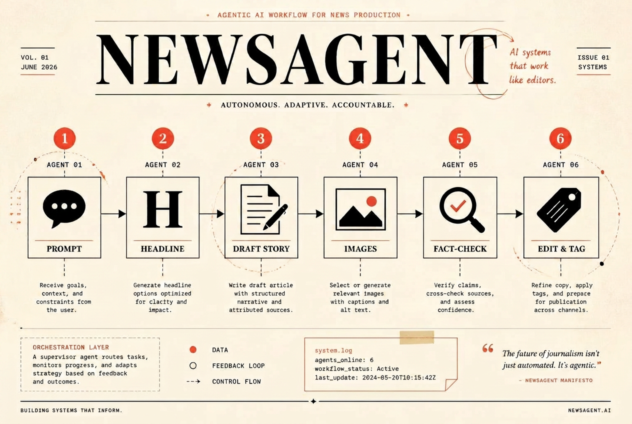 NewsAgent agentic step-by-step flow: prompt, headline, draft story, images, fact-check, edit and tag