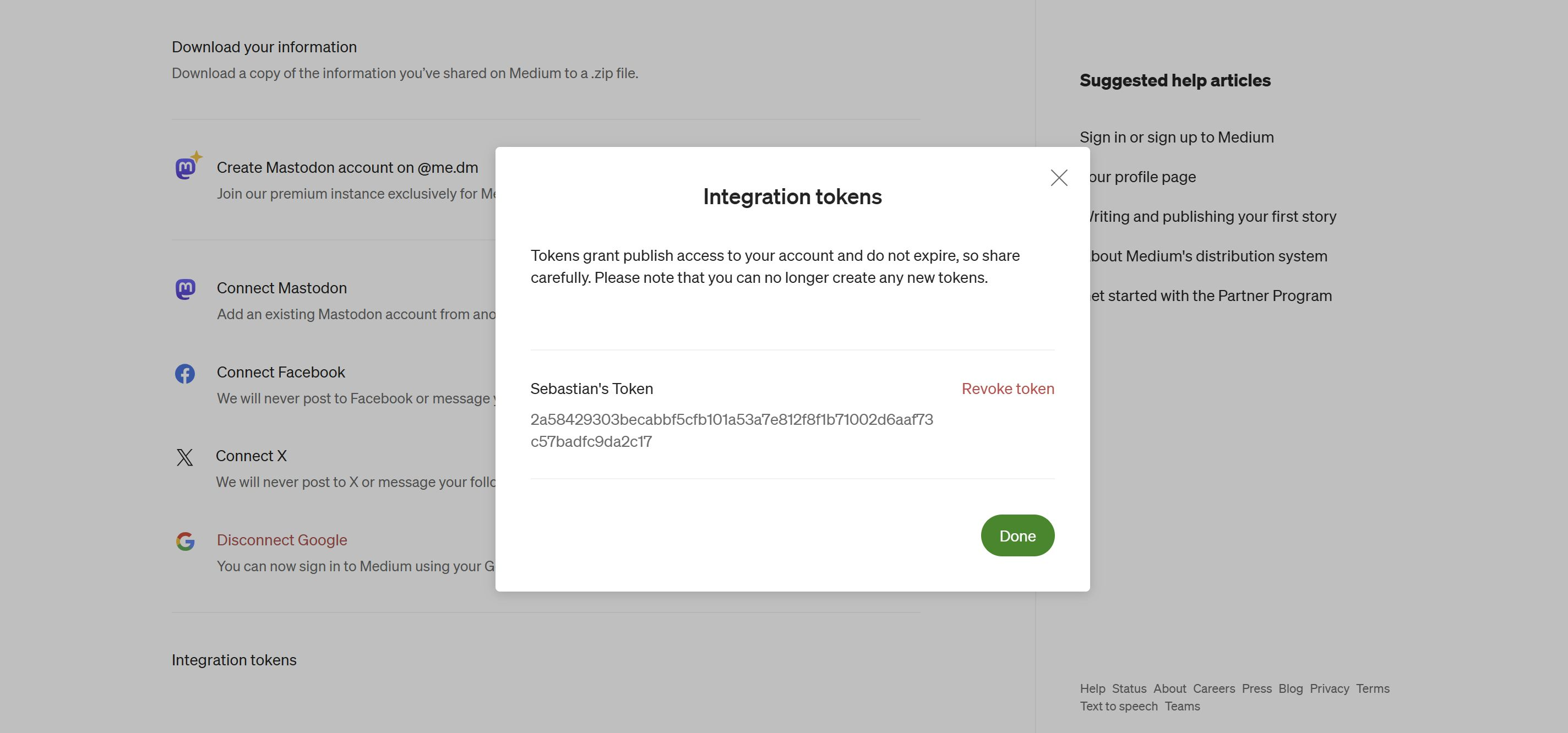 You can find Integration Tokens at the bottom of the screen here, when you click it, you see this popup which gives you the token code you will need to plug into your LettsNews distribution channel.