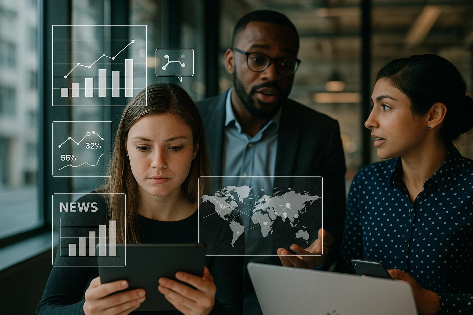 Diverse Business Team Analyzing Data Analytics and Global News