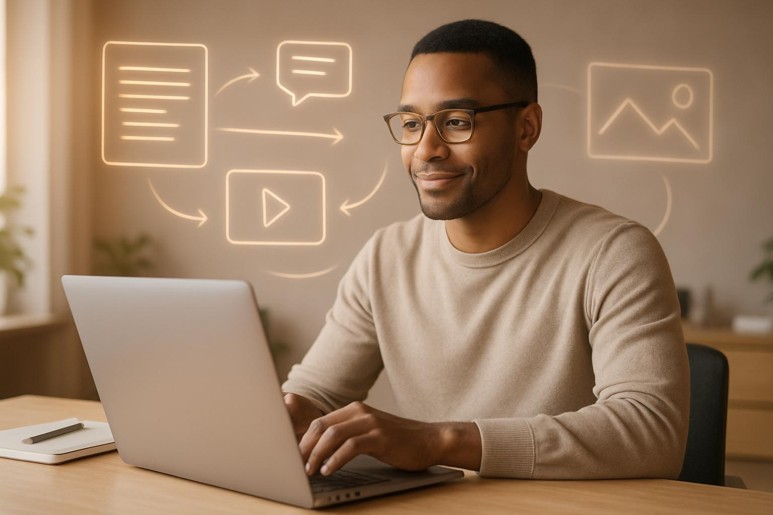 Professional Working on Laptop with Content Strategy Icons